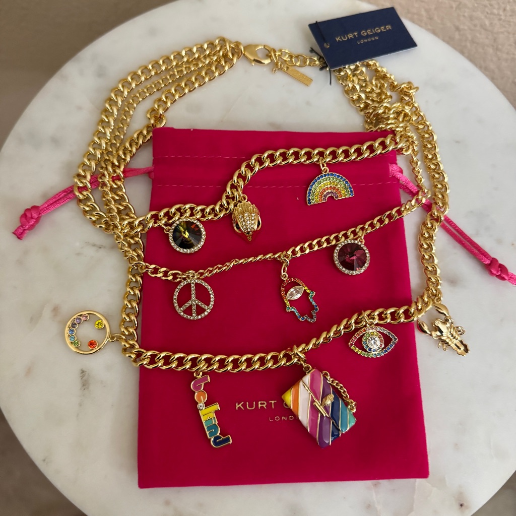 Nwt Women Kurt Geiger 3 Layers Golden Necklace BagEagleLuck Sparkly Charms 185$